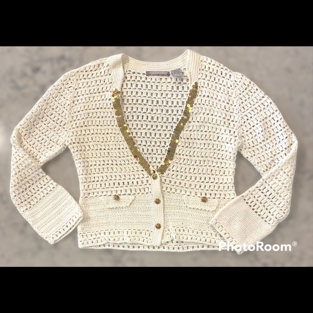 NWOT Lucidity Boutique Crochet Gold Sequin Decorative Button Cardigan Size Large